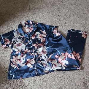 Floral Silky Pajamas Set - Navy and Pink